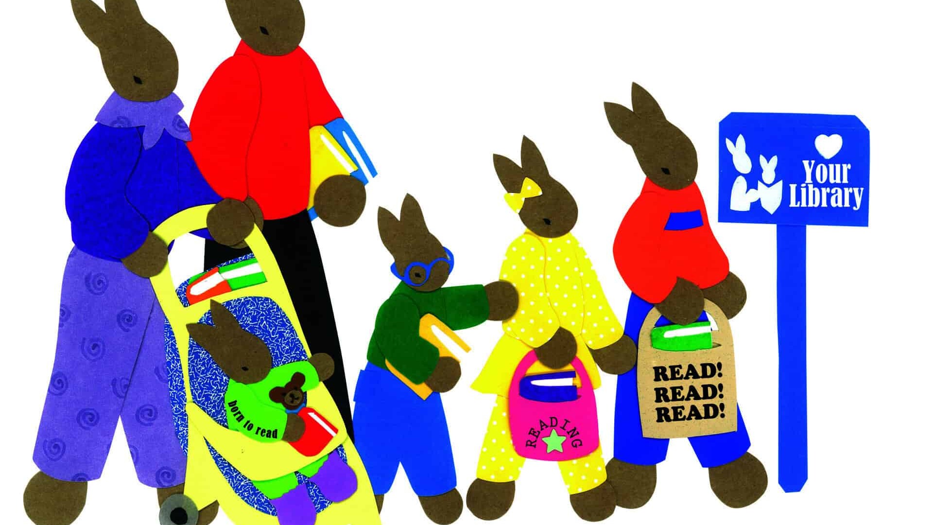 Image of mixed media paper art done by Nancy Elizabeth Wallace. Two adult rabbits take their four rabbit children (various ages) to the library. Mother rabbit pushes youngest rabbit in a stroller, all rabbits are carrying books. Art is colorful and bold on a white background.